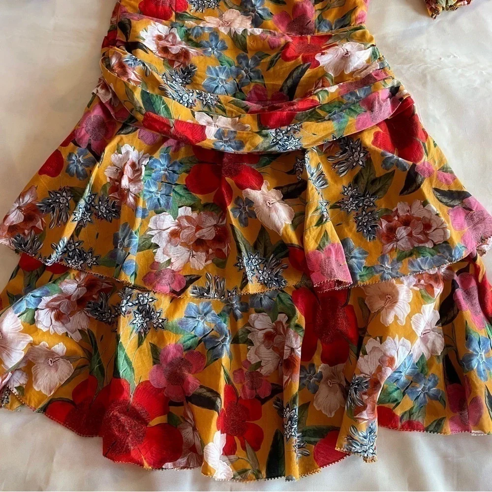 NICHOLAS- Orange Tangerine Floral Puff Sleeve Pintuck Mini Dress Size 4